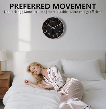 Wall Clock, Silent Wall Clocks Battery Operated 10 Inch- Modern Non Ticking Analog Clock with Large Numerals Tempered Glass Clocks for Bedroom, Living Room, Kitchen, Office Decor, Black