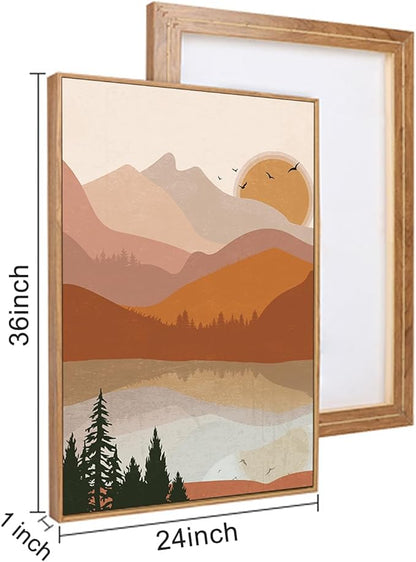 HLNIUC Boho Mountain Burnt Orange Wall Art Framed, Mid Century Modern Terracotta Wall Decor 24x36, Southwest Sunset 3 Piece Canvas Painting, Large Nature Picture for Living Room, Bedroom, Office