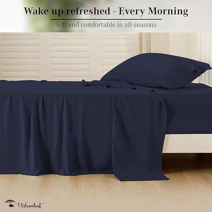 URBANHUT 800 Thread Count Twin Size Egyptian Cotton Sheets Set, 4 Pc Bed Sheet Sets for Twin Size Bedding, Luxury Hotel Sheets Sateen Finish Fits 16" Deep Pocket - Navy Blue