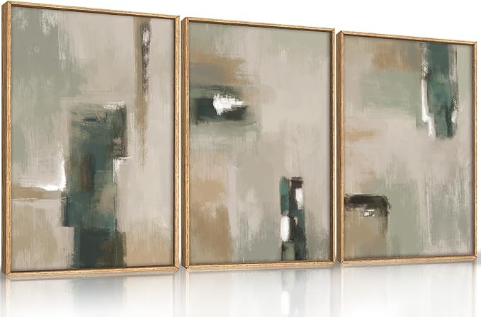 Large Abstract Green Brown Framed Canvas Wall Art,Modern Brush Stoke Wall Decor,Neutral Beige Grey Wall Painting,Rustic Minimalist Artwork for Living Room,Bedroom,Dining Room,Office -24"x36"x3