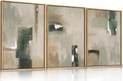 Large Abstract Green Brown Framed Canvas Wall Art,Modern Brush Stoke Wall Decor,Neutral Beige Grey Wall Painting,Rustic Minimalist Artwork for Living Room,Bedroom,Dining Room,Office -24"x36"x3