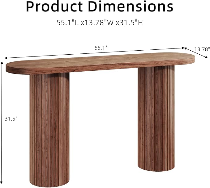 55 Inch Console Table, Fluted Entryway Table, Mid-Century Modern Sofa Table Behind The Couch, Hallway Tables, Curved Sofa Stand for Hallway, Living Room, Foyer Walnut
