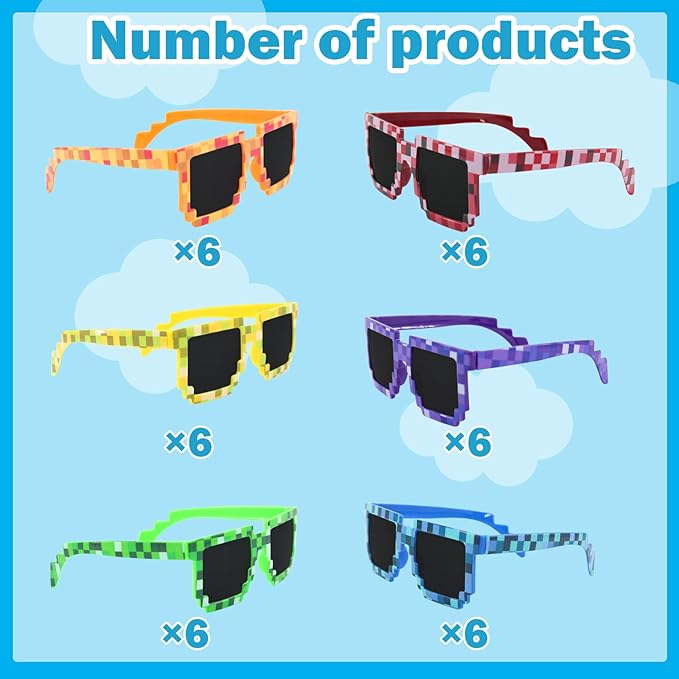 36 Pack Pixel Sunglasses Bulk, 6 Colors Pixelated Mosaic Gamer Glasses Party Favors, Gamer Robot Pixelated Sunglasses for Kids Adults Boys Girls Birthday Photo Props Party Supplies