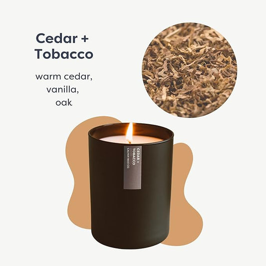 Calyan Wax Co. Cedar & Tobacco Scented Candle - 75 Hour Burn - Luxury Non Toxic Soy Wax Candles - Long Lasting Black Tumbler Jar Candle for Home - 10.2oz