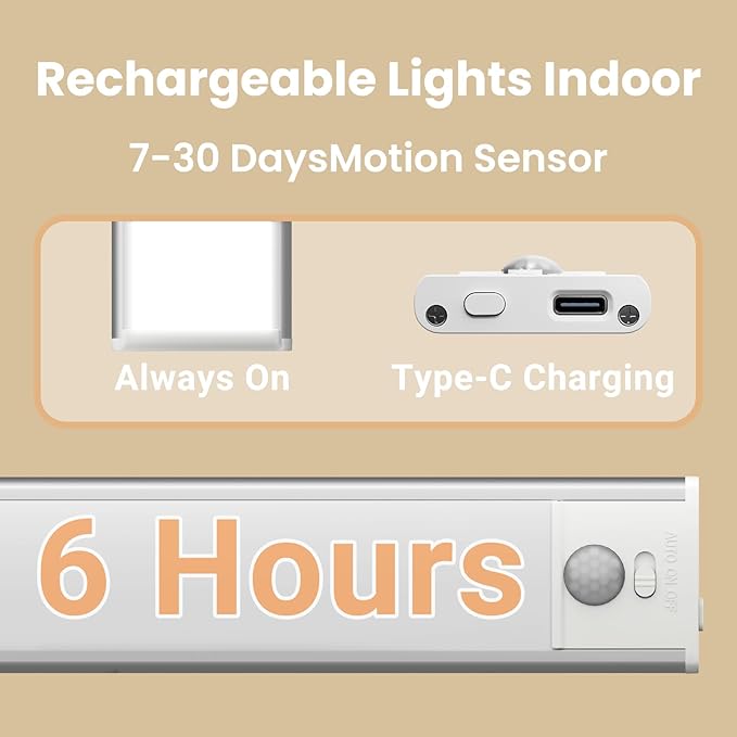 Under Cabinet Lights, Motion Sensor Magnetic LED Light, 8 inch 1000mAh Rechargeable Battery Dimmable Lights with 3 Color Temps, Indoor Wireless Lighting for Kitchen, Closet, Pantry, Counter, 4 Pack