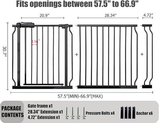 Extra Wide Baby Gate 62-67 Inch, Pressure Mounted Safety Child & Pet Gate - Black Metal - Large Walk Through - Long - for House Doorways & Stairs, 30 Inch Tall