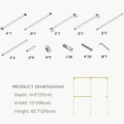 Industrial Pipe Clothing Rack, Heavy Duty Wall Mounted Clothes Rack,Retail Display Hanging Garment Rod for Laundry Rooms, Closet Storage, 14.6x75x82.7 Inches, Model K08 Gold