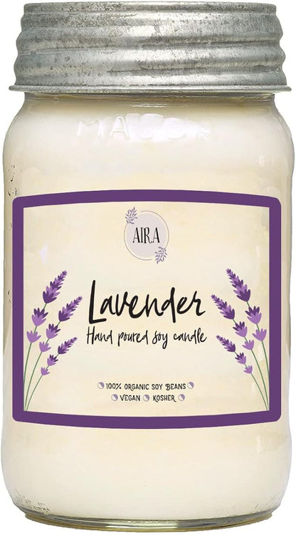 Aira Soy Candles - Organic, Kosher, Vegan, in Mason Jar w/Therapeutic Grade Essential Oil Blends - Hand-Poured 100% Soy Candle Wax - Paraffin Free, Burns 110+ Hours - Pure Lavender - 16 Ounces
