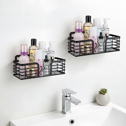 2 Pack Shower Caddy with Cat Black Metal Adhesive Shower Shelves Organizer Decorative Wall Mounted No Drilling Storage Shelf for Bathroom, Kitchen, Bedroom, Cats Lover Gifts