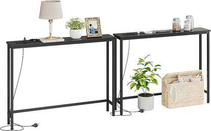 VERMESS 2 Pack Sofa Table with Power Outlets for Entryway, 39 inch Long Behind Couch Table with Metal Frame and 6.5’ Extension Cord for Hallway, Foyer, Living Room, Black