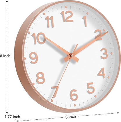 Wall Clock, Silent Wall Clocks Battery Operated 8 Inch-Modern Non Ticking Analog Clock Decorative for Kitchen Office Bathroom Bedroom(White Rose Gold)