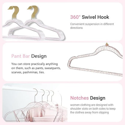 Pink Clothes Hangers 16", 20 Pack Plastic Clear Coat Hanger for Adult Closet, Durable Bling Ganchos de Ropa with Swivel Hook, Notched Shoulders & Ultra-Thin Space Saving Laundry Hanger for Dress Suits