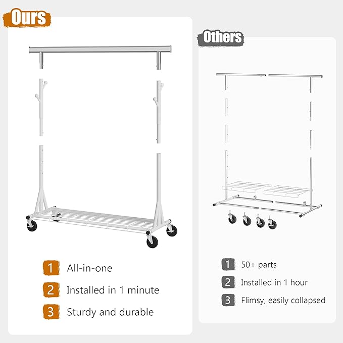 Heavy Duty Clothes Rack Load 530 LBS Metal Clothing Garment Rack Hang 200 pieces of clothing on Wheels Collapsible Rolling Portable & Adjustable with Hook for Hanging Clothes White