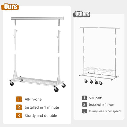 Heavy Duty Clothes Rack Load 530 LBS Metal Clothing Garment Rack Hang 200 pieces of clothing on Wheels Collapsible Rolling Portable & Adjustable with Hook for Hanging Clothes White