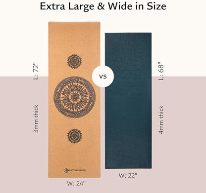 Shakti Warrior Mandala Pro Cork Yoga Mat - Premium Printed Natural Eco-Friendly Non-Slip Mat Great for Regular & Hot Yoga, Pilates, Workouts (72 inch x 24 inch x 3mm Thick)