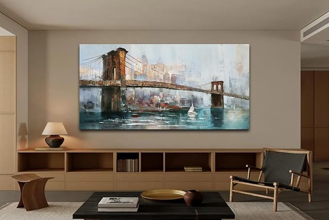 Acocifi Brooklyn Bridge Wall Art for Living Room New York Skyline Picture Abstract Cityscape Office Canvas Painting Large Textured Artwork Framed for Bedroom Home Decor 48"x24"
