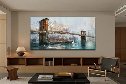 Acocifi Brooklyn Bridge Canvas Wall Art for Living Room New York Skyline Painting Abstract Cityscape Picture, Textured Artwork Framed for Bedroom Men Office Home Decor Large Size 58"x29"