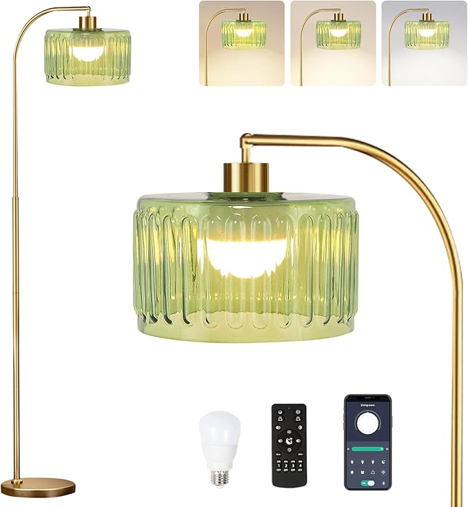Gold Floor Lamp for Living Room,Bedroom,Mid Century Modern Standing Lamp with Remote,Dimmable Brass Tall Lamp Glass Lamp Vintage Retro Arc Floor Lamps Flower Floor Light Boho Bohemian