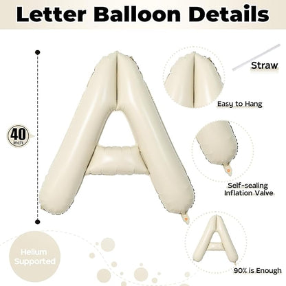 Cream A Letter Balloons, 40 Inch Alphabet Foil Name Beige, Large Self Inflating Letters A, White Sand Mylar Helium Custom for Girls Birthday Party Baby Shower Decoration
