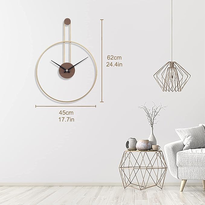 YISITEONE Large Decorative Wall Clock for Living Room,Metal & Walnut Dial Home Decor Silent Non Ticking Lightweight Clocks for Bedroom, Study, Office Decorations, 24.4"x17.7",(Gold, Medium)