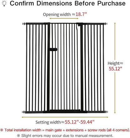 Lumizone Extra Tall Cat Gate 55.12" High Pressure Mounted Extra Wide 2025 New (17 Sizes) 1.37" Gap No Drilling Auto-Close One-Handed Operation Tall Pet Gate for Dogs(Black, 55.12" H x 55.12"-59.44" W)