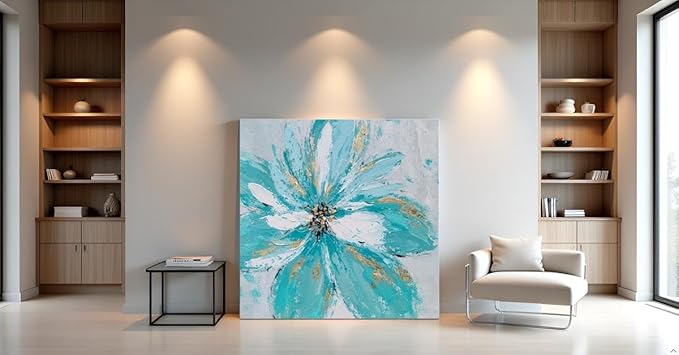 Yihui Arts Hand Embellished Floral Canvas Wall Art with Textured Details & Gold Foil Accents, Modern Teal Flower Painting for Home Decor