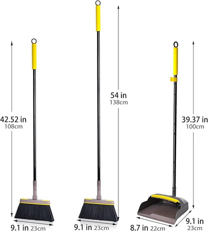 JEHONN Broom with Dustpan Combo Set, Long Handle Lightweight 180 Degree Rotating Sweeping Brush Indoor, Upright Standing Dust Pan with Comb Teeth for Home Room Kitchen Office Lobby (Brown Yellow)