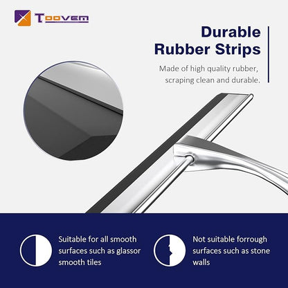 TOOVEM 14 Inch Shower Squeegee for Glass Doors, Window, Bathroom, Car Windshield, Shower Cleaning Tools with S Hook, Square Sticky Hook (Silver)