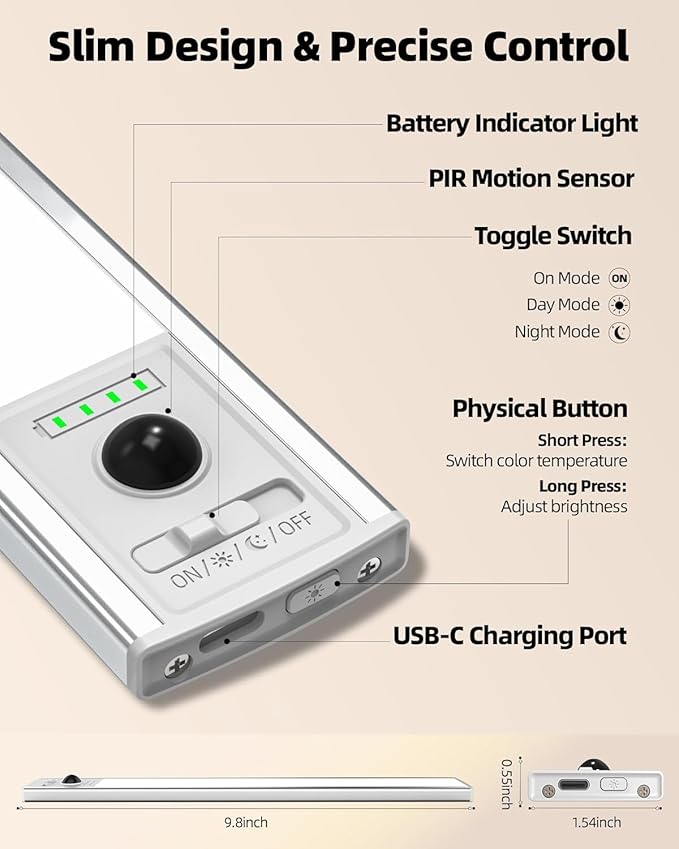 EZVALO Under Cabinet Lighting, 2000mAh Rechargeable Motion Sensor Lights Indoor, LED Dimmable Closet Lights, 3 Color Temps with Battery Indicator, Under Counter Lights for Kitchen, Stair