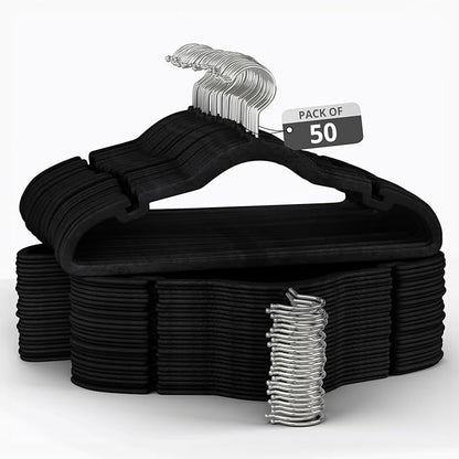 50 Pack Velvet Hanger for Shirt Pants Dresses Skirts Suits Jackets - Slim Space Saving Design - Standard Coat Hanger - Sturdy & Durable Design with Shoulder Grooves Hook - Black