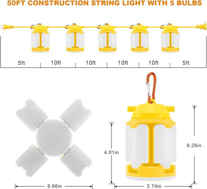 50FT Construction String Lights, 150W LED Industrial Grade 3 Adjustable Light Panels 15000LM Super Bright for Construction Sites,Temporary Work, Jobsite,Outdoor Lighting with 5 Bulbs and Climbing Hook