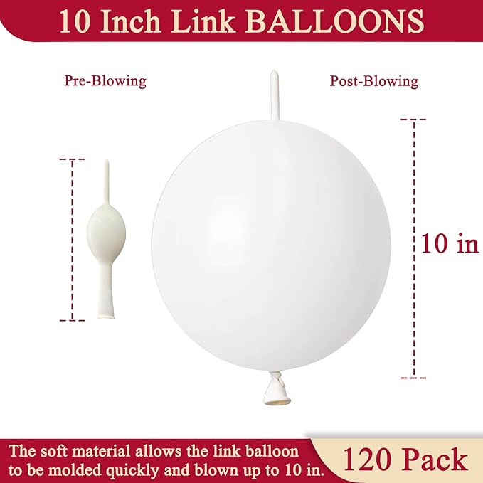 White Link Balloons 10 Inch 120 Pcs Latex Linking Balloons for Birthday Wedding Party Festival Decorations