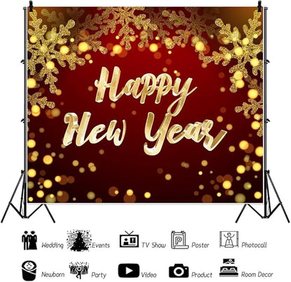 Leowefowa 6x4ft Happy New Year Round Backdrop Cover Red 2026 New Years Background Red and Gold Sequins Glitter Dot New Year Eve Celebration Festival Party Banner Decor Photo Studio Props