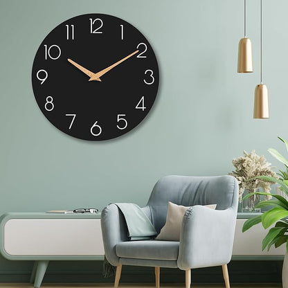 Wall Clock, 16 Inch Wooden Battery Operated Wall Clocks Silent Non-Ticking, Decorative Black Clock for Living Room, Bedroom, Kitchen, Home, Office, School, Hotel