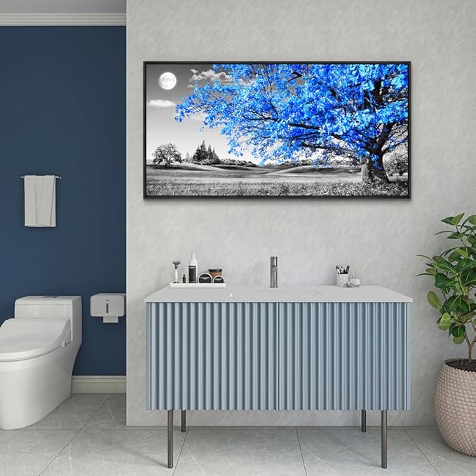 Wapluam Canvas Prints Wall Art For Living Room Black and White Large Wall Decor For Bedroom Blue Tree Landscape Abstract Painting Office Wall Decoration Picture Modern Home Wall Decor Black Framed