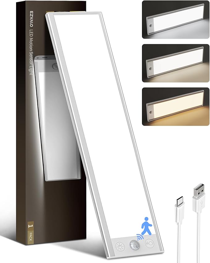 EZVALO 5000mAh Under Cabinet Lighting, 220LM Motion Sensor Light Indoor, Rechargeable Magnetic Under Counter Lights, 3 Inch Wide Panel Dimmable Closet Light for Pantry, Wardrobe, Hallway, Kitchen etc.
