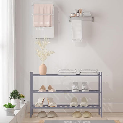 RONGJlA 2 Tier Bamboo Shoe Rack for Closet Free Standing Wood Shoe Shelf Storage Organizer for Entryway Small Space Stackable, Grey