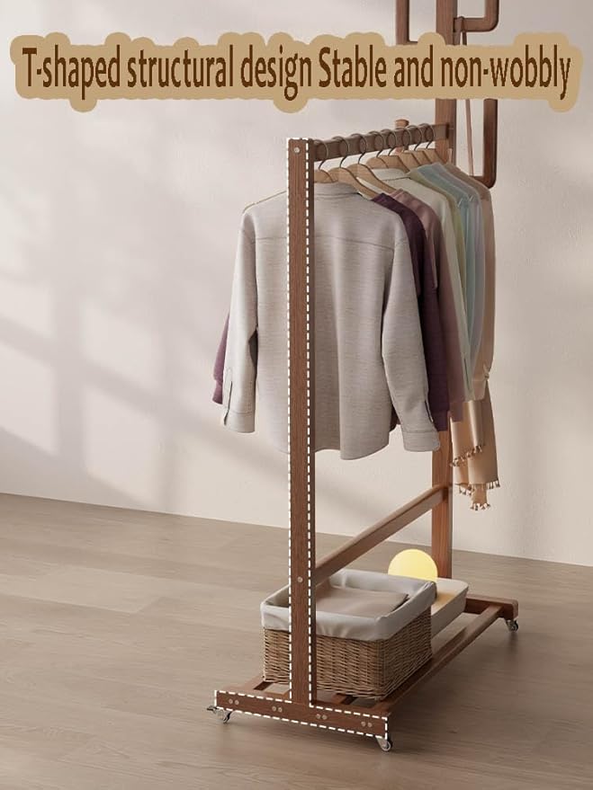 Solid Wood Clothing Rack with Wheels and Hooks, Heavy Duty Garment Rack with Shelf, Easy Assembly, Rolling Rack for Clothes, Coats, Skirts, Shoes, Bags,