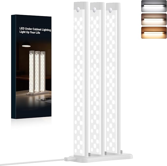 3 Packs Under Cabinet Lighting with Charging Station 12 Inches, Rechargeable Motion Sensor Light Indoor, 3 Color Dimmable Closet Light, USB Led Stick on Under Counter Lights for Kitchen Pantry
