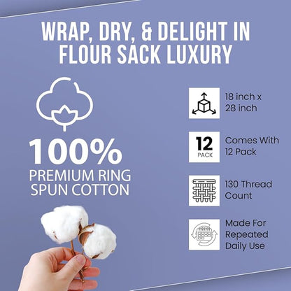 WHITEWRAP Flour Sack Towels| Tea Towel for Crafts| Kitchen Dish Cotton Blank Towel for Embroidery| Baking Bread Proofing Linen Cover| Thick Absorbent Quick Dry|12 Pack 18"x28" Natural
