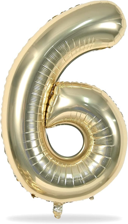Champagne Gold Number 6 Balloon, 40In Large Foil Number Balloons Set 0-9 for Women, Self Inflating Light Gold Digital 6 Helium Balloon for Girls Boys 6th Birthday Anniversary Party Decoration Supplies