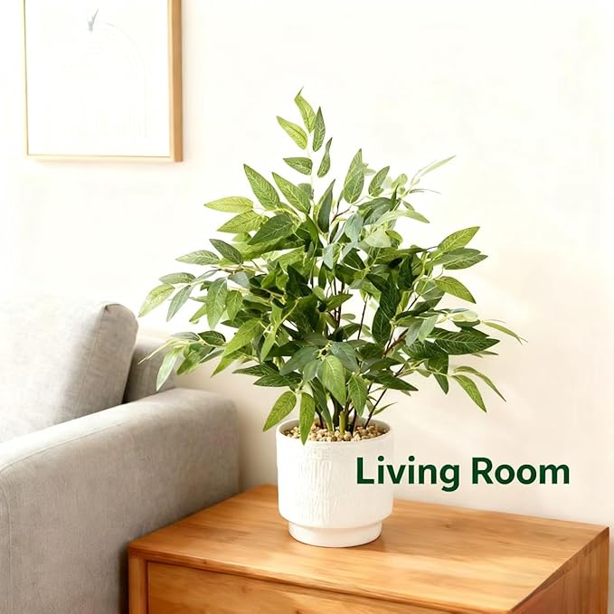 17.7" Fake Willow Plant in White Textured Ceramic Planter Tall Artificial Greenery Faux Plant with Lifelike Leaves Elegant Indoor Plant Decor for Living Room, Office, or Bathroom