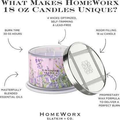 HomeWorx by SLATKIN + CO. Candle- Lavender Vanilla, 18 oz. 4-Wick Premium Scented Candle - 30-55 Hours Burn Time