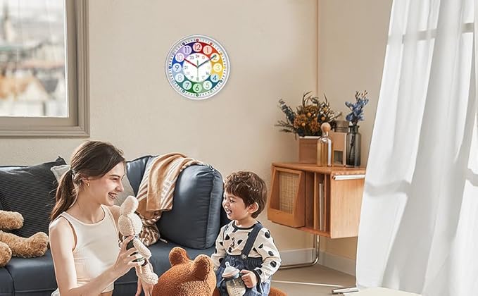 XFM Teaching Clocks Kids Colorful Small Wall Clock Battery Operated 10 Inch Silent Wall Clock Bedroom Analog Clock Teach Kids How Tell Time