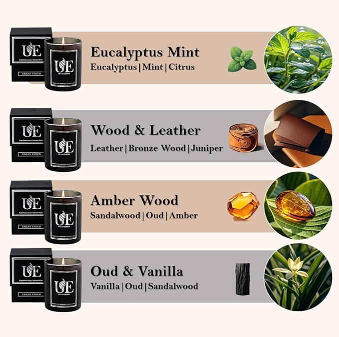 4 Pack Scented Candles Set | Black Scented Candle Set of Amber Wood, Oud Vanilla, Wood Leather, Eucalyptus Mint | 220 Hour Long Lasting Soy Wax Candles for Home | Gifts for Men, 32 oz