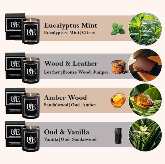 4 Pack Scented Candles Set | Black Scented Candle Set of Amber Wood, Oud Vanilla, Wood Leather, Eucalyptus Mint | 220 Hour Long Lasting Soy Wax Candles for Home | Gifts for Men, 32 oz