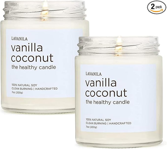 Lavanila Vanilla Coconut Scented Natural Soy Candle (2-Pack) - Handcrafted, Clean Burning 50 Hour Burn Time, 7 oz Each
