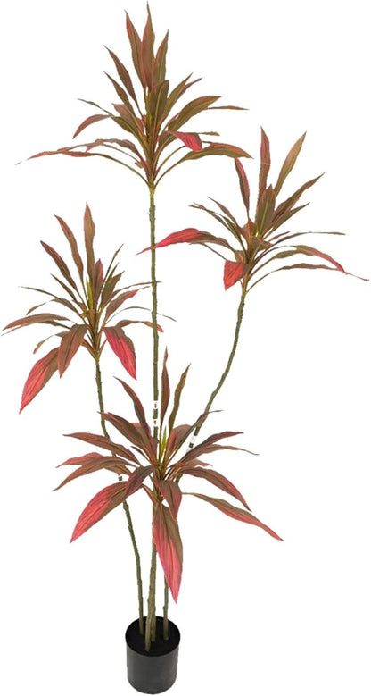 Artificial Cordyline Plant, Indoor Potted Plant, 4 Stems with Black Planter, Suitable for Large Indoor Living Room Decorations, Potted Plants, and Window Display Scenes (Red-5.3ft)