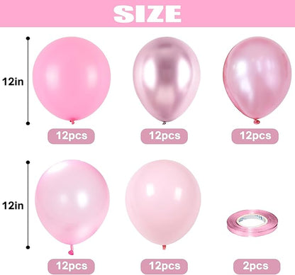 Pink Balloons Set, 60 Packs 12 Inch Metallic Chrome Pink Pearl Macaron Light Pink Different Shades Balloons for Girl Women Birthday Decorations, Wedding, Christening, Baby Shower Party