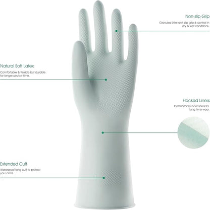 COOLJOB Small Reusable Rubber Dishwashing Cleaning Gloves for Kitchen Bathroom, Non-Slip Grippy Long Dish Washing Gloves with Flocked Cotton Liner, Flexible Durable & Waterproof, Mint Green, 1 Pair